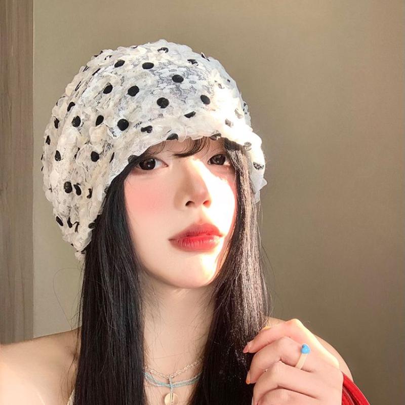 Polka Dot Lace Slouchy Hat for Women Spring Summer Thin Breathable Korean Style Face Slimming Turban Large Head Circumference Versatile Cap