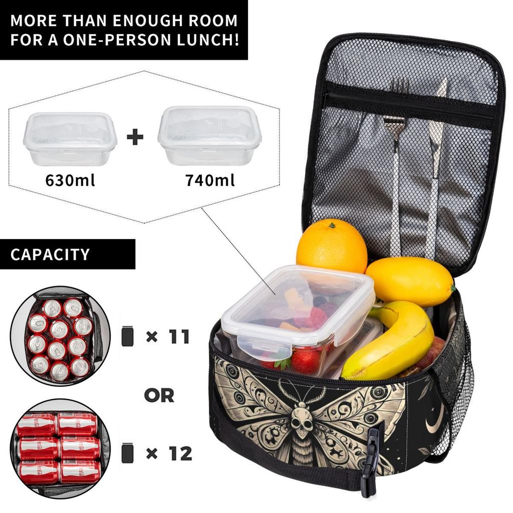 Donkere Botanische Mot Gotische Insecten Kunst Geïsoleerde Lunchtas voor Vrouwen Kinderen Lekvrije Voedseldozen Thermische Lunchbox Tote