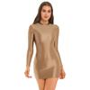 Womens Long Sleeve Bodycon Dress Glossy Smooth Fabric Stretchy Mock Neck Tight Nightwear Dress