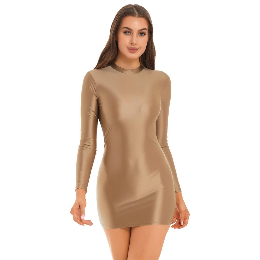 Womens Long Sleeve Bodycon Dress Glossy Smooth Fabric Stretchy Mock Neck Tight Nightwear Dress
