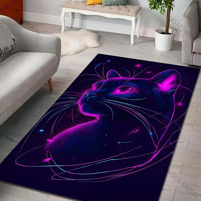 Mehrere Größen Neonfarbene Katzenillustration Teppich für Wohnzimmer Schlafzimmer Sofa Heimdekoration Teppich Rutschfeste Fußmatte Luxuriöses Geschenk