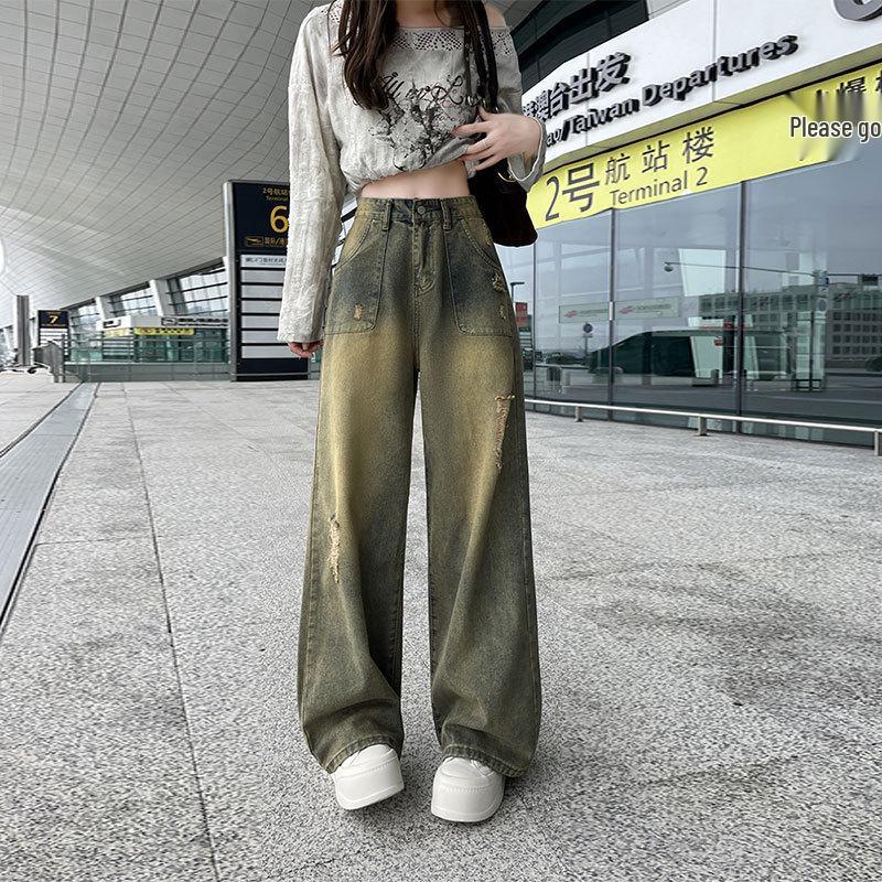 

Women s High-Waisted Wide-Leg Retro Jeans: 2025 Holey Loose Straight Floor-Length Design Quadruple Extra Large (4XL)