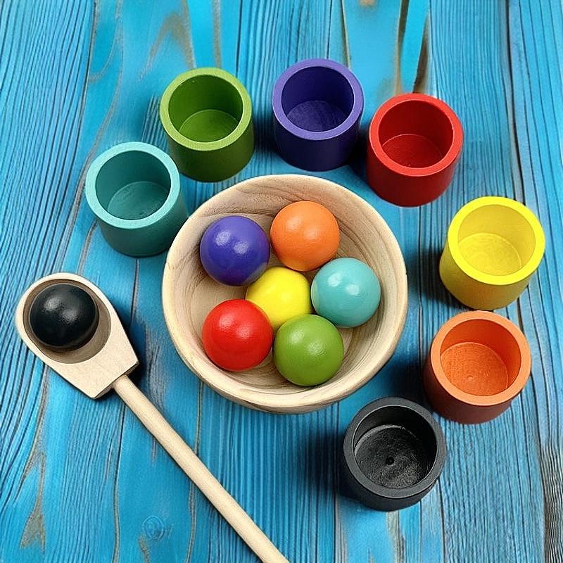 Montessori Wooden Color Sorting Bead & Cup Toy for Early Education