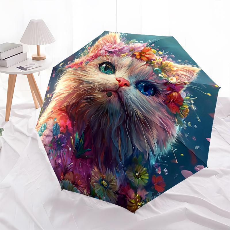 

1pc Floral Fantasy Kitten Cartoon Umbrella, Portable 3-Fold Compact Umbrella, Suitable for Camping, Hiking and Travel, Ideal Easter Birthday Gift