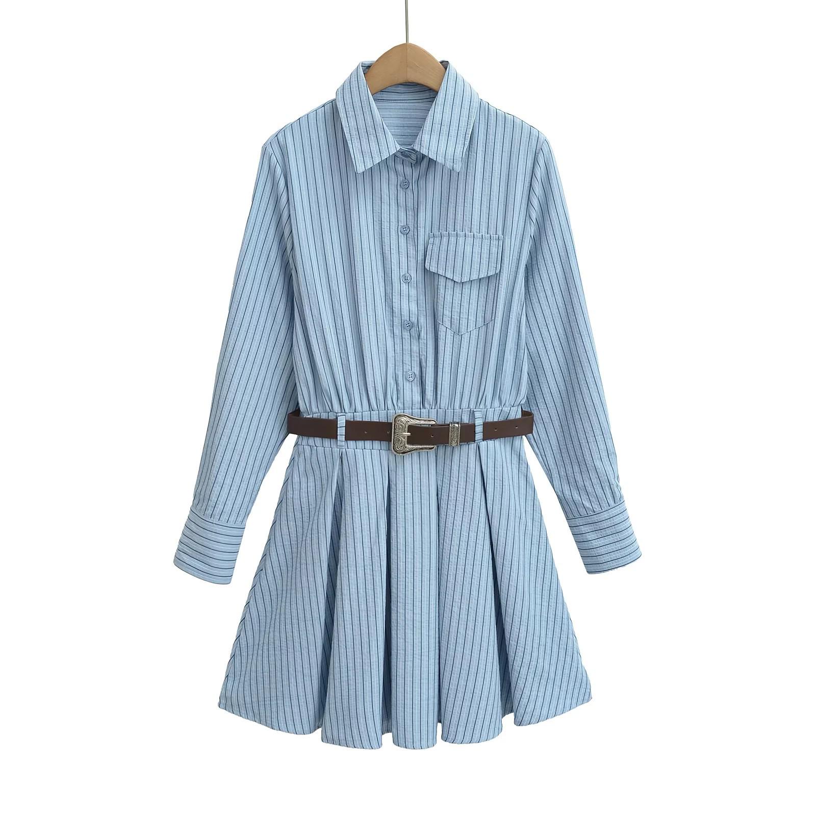 

2025 Retro Sweet Spicy Striped Dress with Waistband and Pleated Skirt Large синий