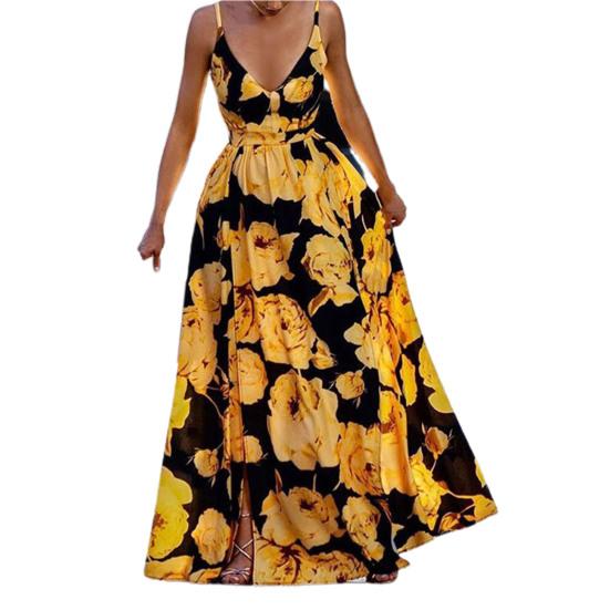 V-Neck Waist Tight Split Large Hem Maxi Dress Floral Print Sleeveless Sling Beach Holiday Dress Female Clothing