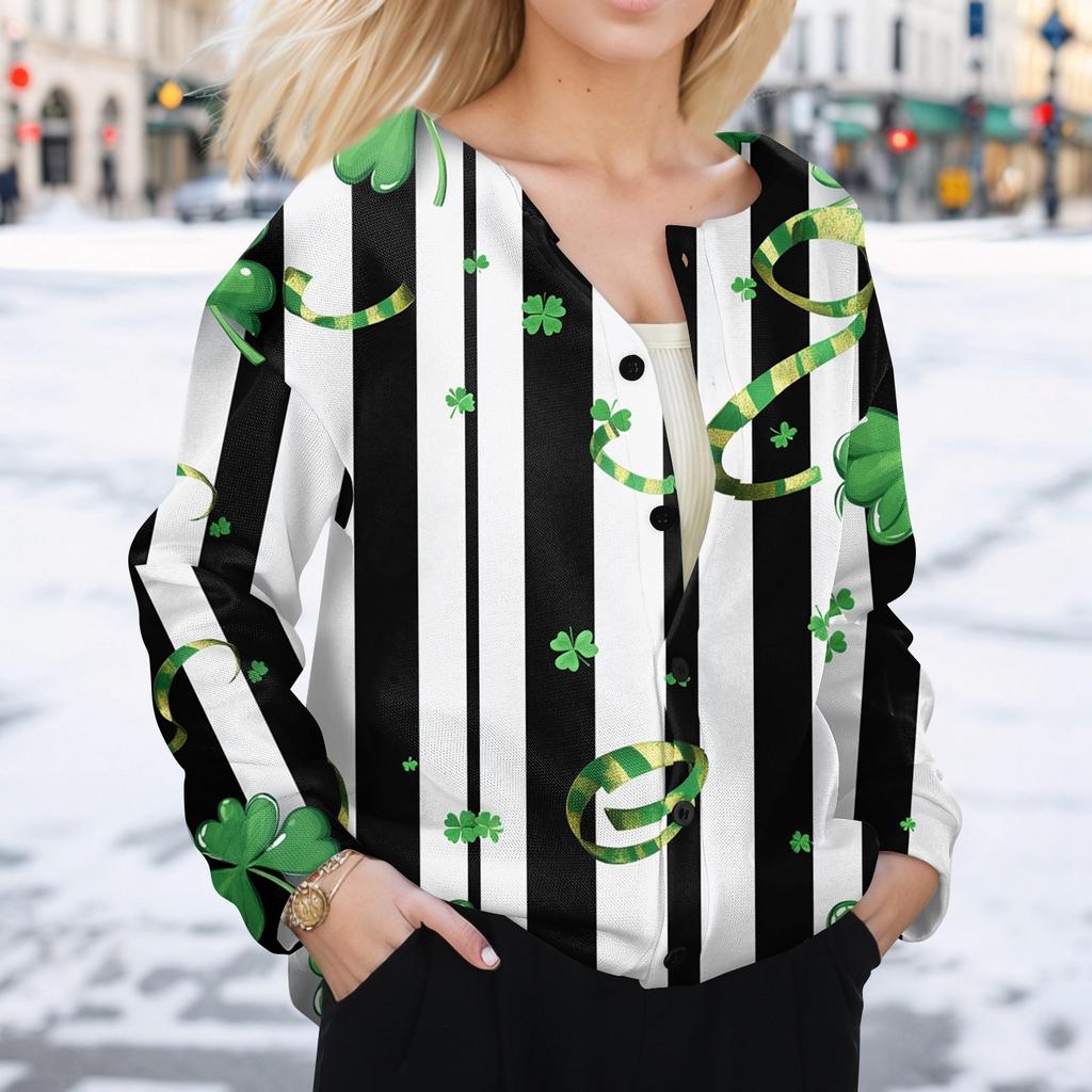 Women's Stylish St. Patrick Print Long Sleeve  Fleece Cardigan Button Jacket
