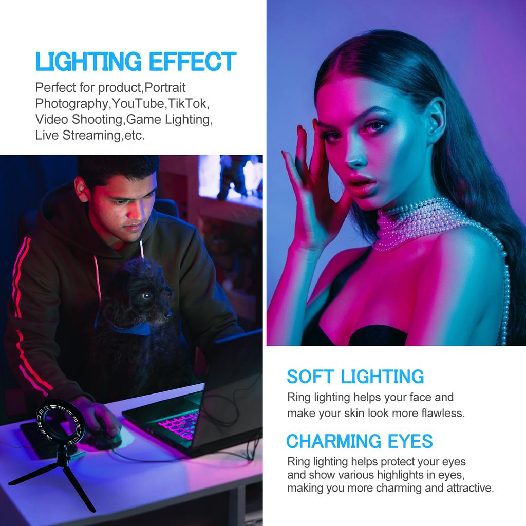 2Pack Desktop USB LED Video Lights Kit med 2 * Dimbar 6 Tommers LED Ring Light 5600K + 2 *