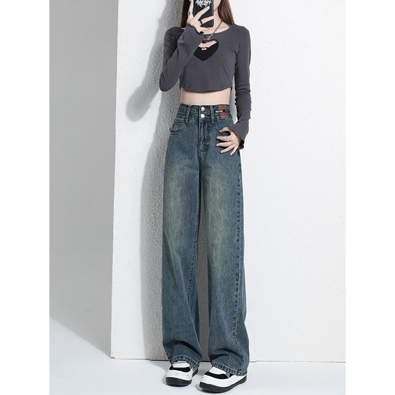 Fleece Straight Wide-leg Jeans Women's Spring and Autumn New Small High-waisted Loose Pants Winter