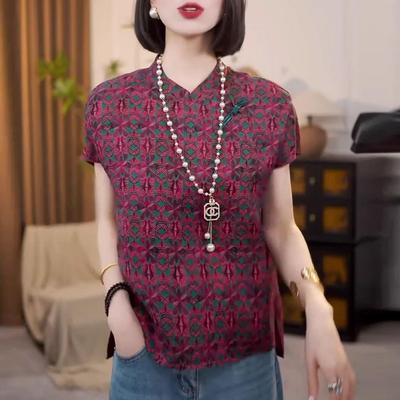 Summer Thin Jacquard Explosion Stand-up Collar Plate Retro Style T-shirt Women's Summer New Top