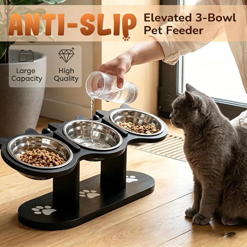 Anti-Slip Elevated 3-Bowl Pet Feeder Set, Raised Cat and Small Dog Food Water Bowls with Stand, Neck Strain Relief (Black)