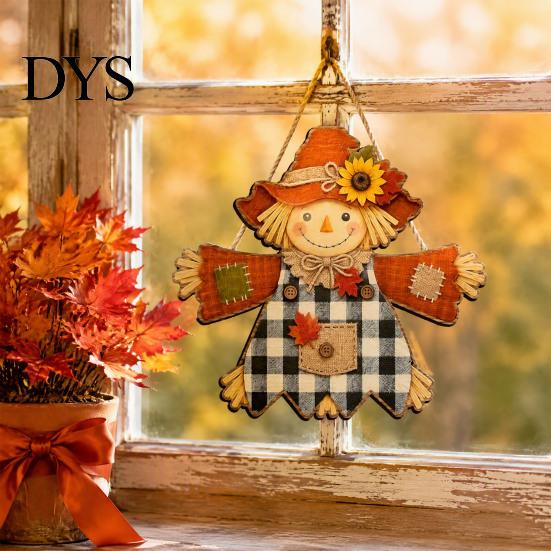 Sunflower Plaid Door Hanger Fall Wooden Hanging Sign, Autumn Scarecrow & Pumpkin Maple Leaf Decorative Wall Art for Home Hanger, Harvest Thanksgiving