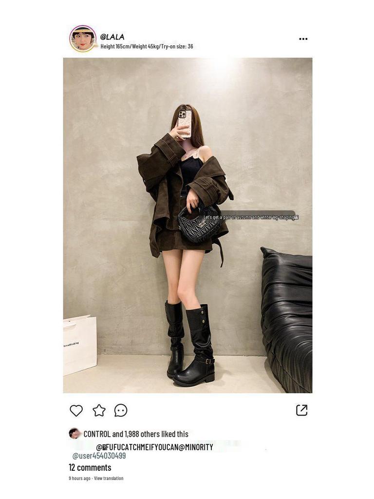 Jesienno-zimowe kozaki za kolano typu slouch z klamrą paska i masywnym obcasem - styl kowbojski