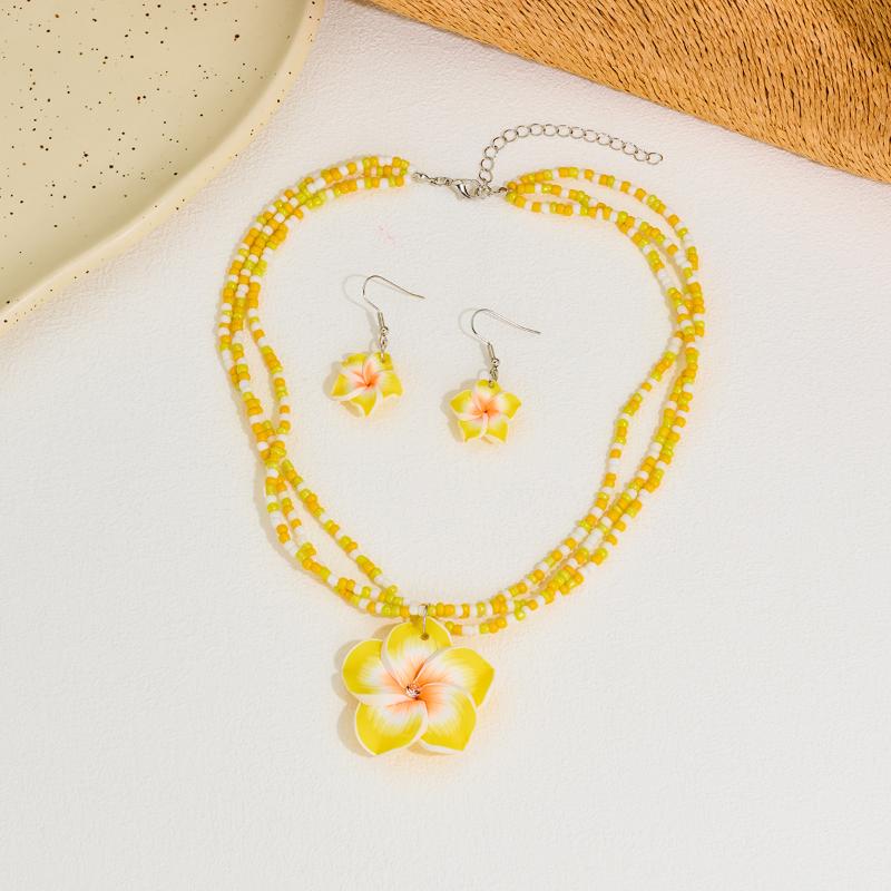 Polymer Clay Flowerwomen Jewelry Set Cute  Seaside Beach Colorful Flower Earrings Girls Sweet Beaded Chain Necklace Girl