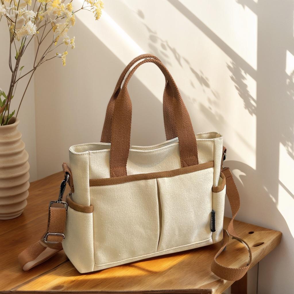 Multiple Pockets Women's Canvas Bag Tote Shoulder Bag Large Capacity Casual Handbag For Female