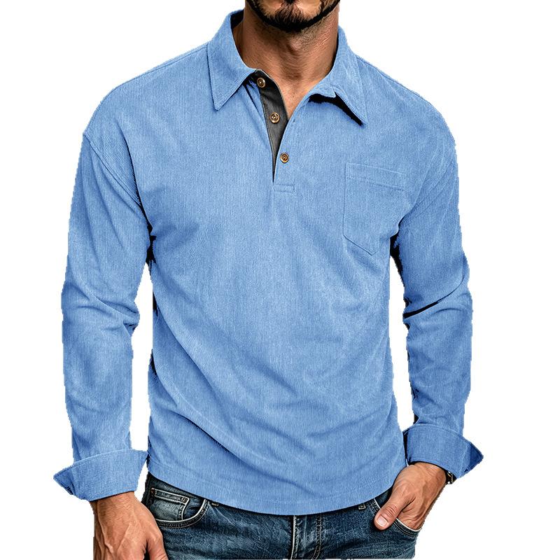 Mens Long Sleeve Corduroy Polo Shirt Casual Autumn Top