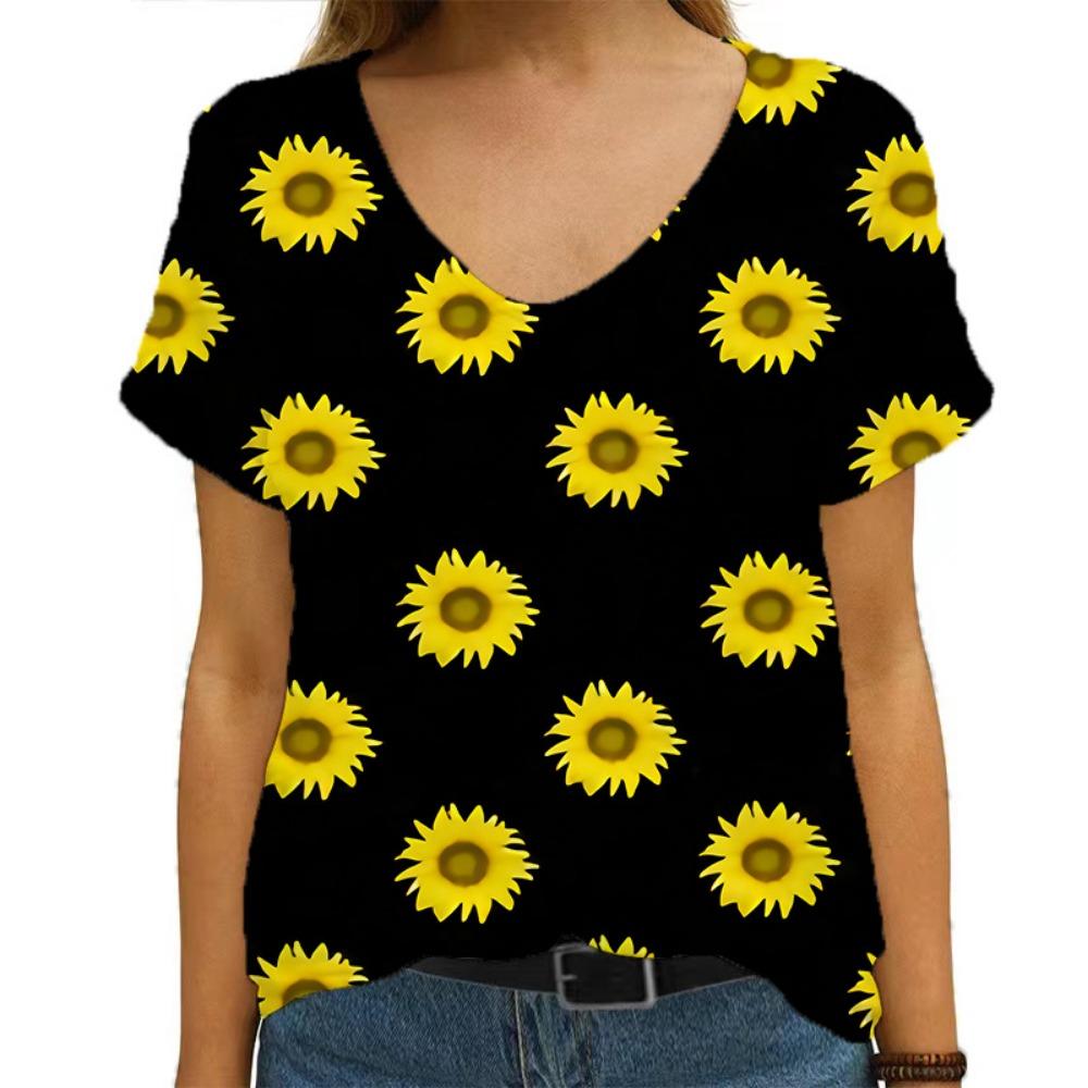 3D Printed Sunflower Women's T-shirt, V-neck Streetwear T-shirt, Harajuku T-shirt, Women's Plus-size T-shirt