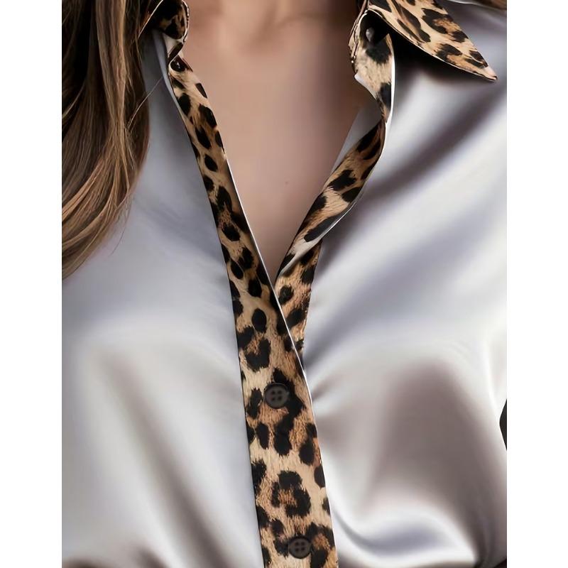 New Women's Leopard Print Long Sleeve Office Shirt Spring Autumn Lapel Casual Loose Blouse Simple Satin Elegant Solid Color Top Clothing