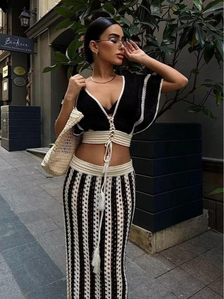 Trendy European-American Women's Sexy V-Neck Striped Knit Long Dress Set