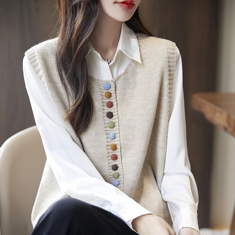 

Весенне-осенний вязаный жилет: Кардиган без рукавов нового дизайна с цветными пуговицами L (130-150 jin)