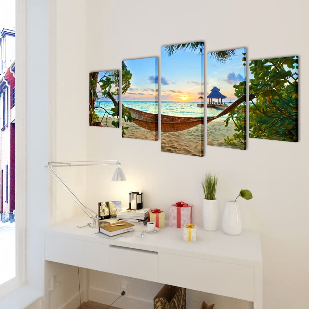 Zestaw Obrazów Canvas 100 X 50 Cm Plaża I Hamak