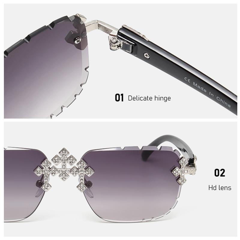 Fashion Square Rimless Sunglasses For Women Cross Diamond Metal Frame Luxury Eyewear Cut Lens UV400 Shades Sun Glasses