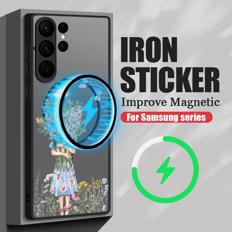 Floral Print Matte Clear Phone Case For Samsung S25 Ultra S24 FE S23 Plus S22 S21 Wireless Charge Magnetic Hard PC Shockproof Soft Edge Bumper Cover