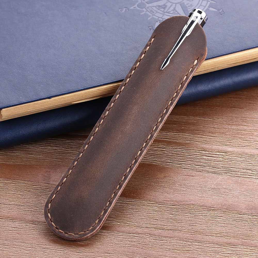 Retro Handmade Genuine Leather Pencil Bag Cowhide Metal Fountain Pen Holders Case Pouch Business Office Gifts School Stationery