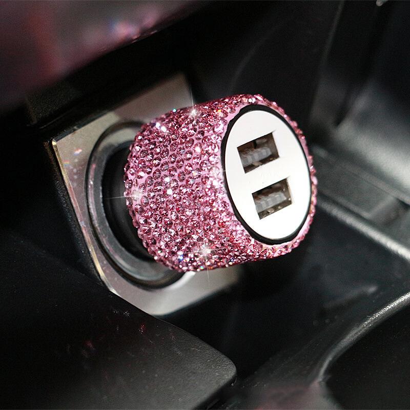 Carregador de carro USB Bling 5V/2.1A Decoração de cristal Adaptador rápido de porta dupla, 3,9 pés Nylon Tipo C Micro USB 3 em 1 Cabo de carregamento múltiplo