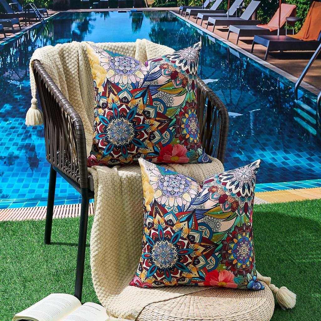 2 Pack Multicolor Boho Mandala Pillow Covers Double Sided Print Floral Ethnic Outdoor Cushion Cases Home Decor