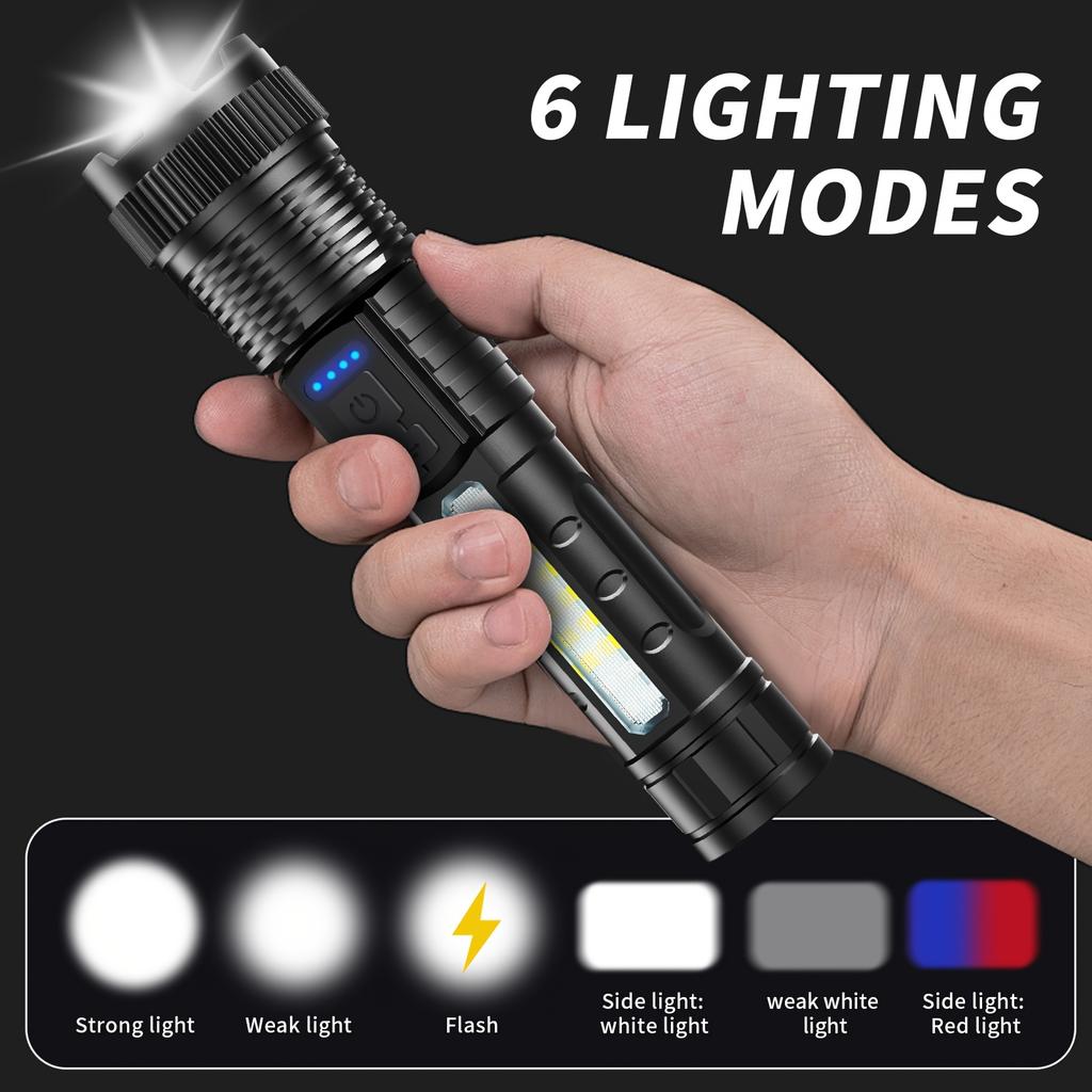 Rechargeable LED Flashlights With 6 Lighting Modes, COB Side Lights & Powerful Handheld Design – Super Bright & Long Range, Perfect For Camping