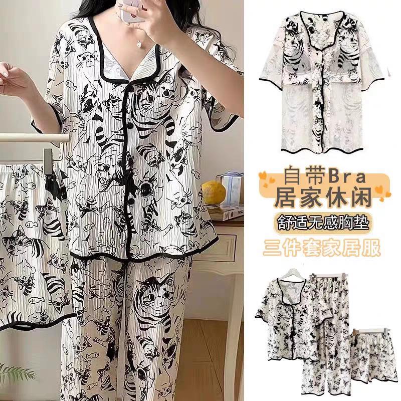 Pajamas for Women Ins Princess Style Short-sleeved Trousers Three-piece Set Home Clothes