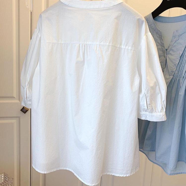 Korean version of loose Japanese casual shirt pleated bubble sleeves cotton short-sleeved doll shirt top women