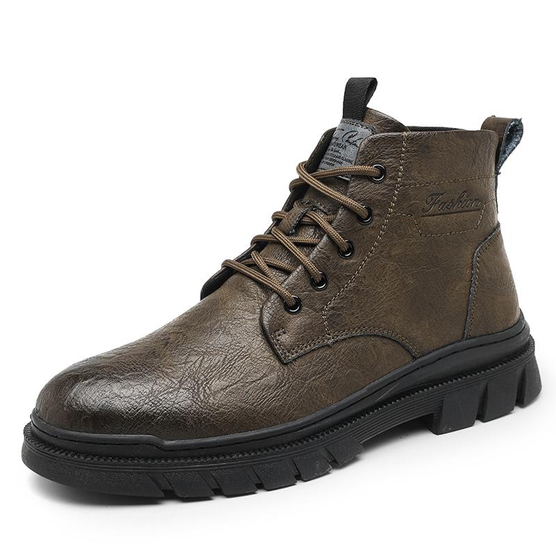 Модные классические фирменные мужские кожаные ботинки мужские рабочие ботинки на толстой подошве модные мужские мотоциклетные ботинки теплые плюшевые мужские туфли с высоким берцем 38 коричневый 6697₽