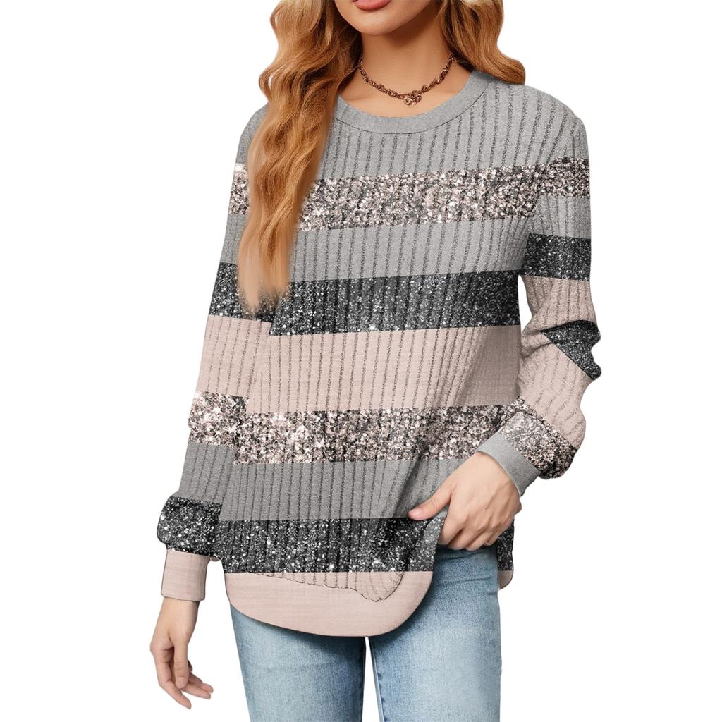 Fashionable Women's Long Sleeved Striped Printed Lightweight Sweater With Loose Round Neck Top