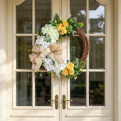 Spring Rattan Wreath Artificial Hydrangea Rose Wreath for Front Door Lifelike Floral Rattan Garland with Burlap Bow for Farmhouse Porch Wall Window