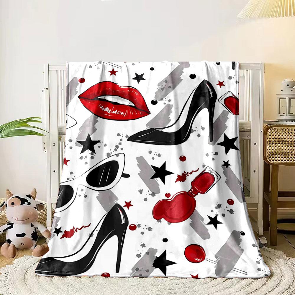 Fashion-themed pattern with red lips, high heels, stars, and gray brushstrokes. for all seasons blanket lunch break throw gift 80cm x 120cm