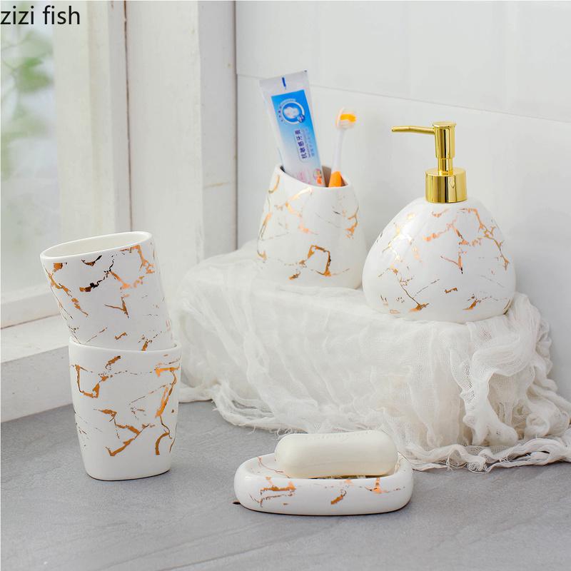6/7pcs Set Gold Marble Ceramics Bathroom Accessories Set Soap Dispenser/Toothbrush Holder/Tumbler/Soap Dish Bathroom Products