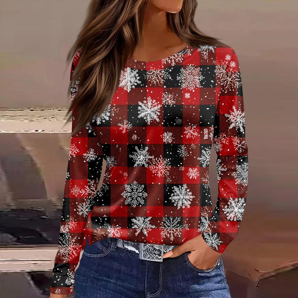 Women's Fashion Casual Slit Hem Round Neck Long Sleeve Loose Printed T-Shirt Ladies Top