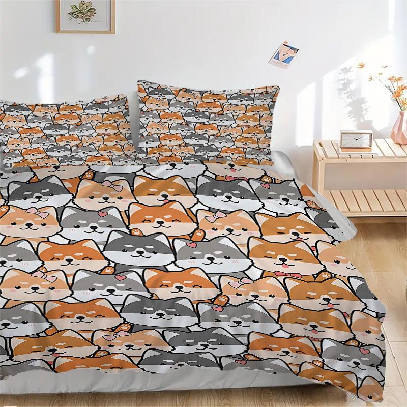 3pcs Cute Cartoon Dogs Quilt Cover Set (1 Quilt Cover + 2 Pillowcases Without Pillow Core)