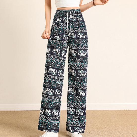 Pantaloni da Donna a Vita Alta Stile Etnico Vita Elastica Coulisse Stampa Elefante Retrò Gamba Larga Dritta Pantaloni Abbigliamento Femminile