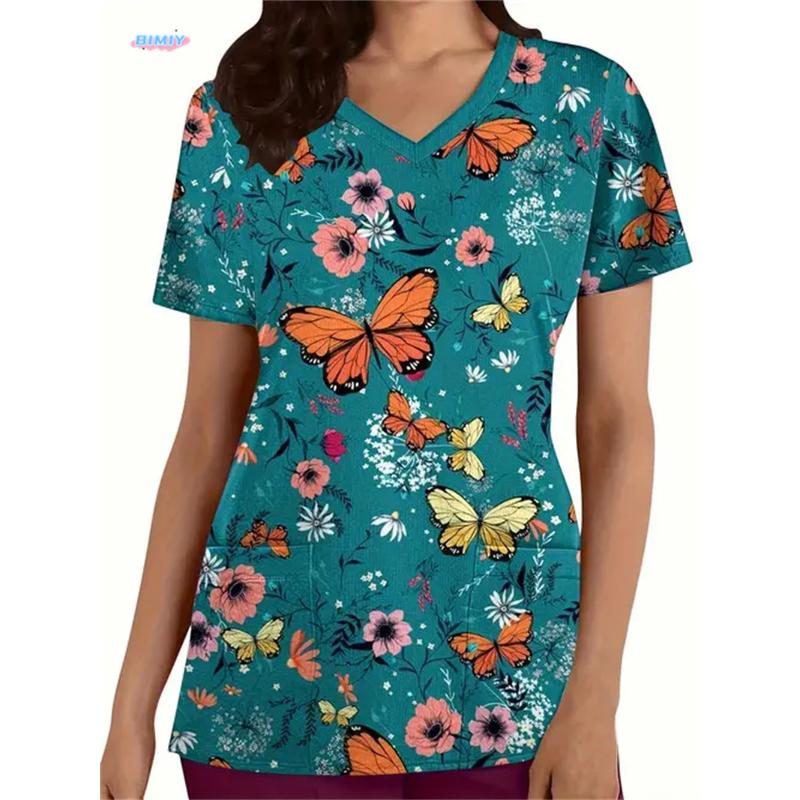 

High Quality Printed Women s Matte Top Paired with V-neck Cartoon Matte Uniform Thin Nurse Top Women Short Sleeves Healthy Tone S