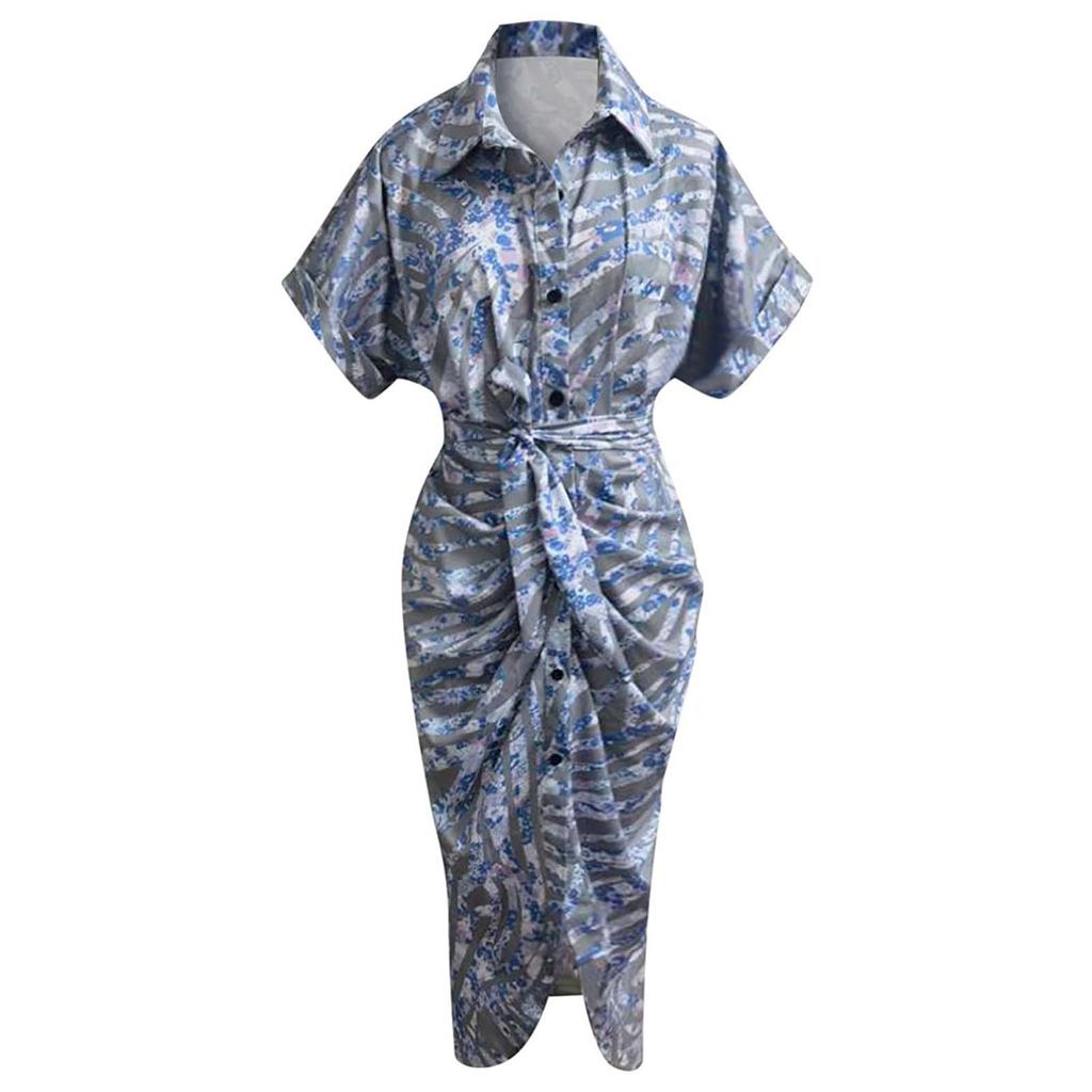 Women Casual Stand-up Collar Printed Shirt Button Belt Short-sleeved Long Skirt