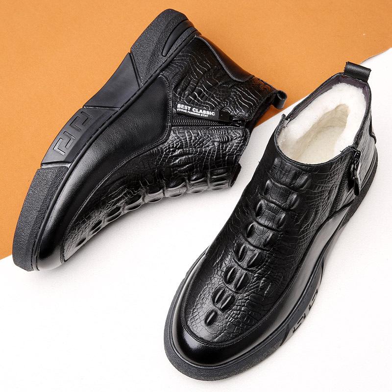 

25 Winter first layer cowhide crocodile pattern wool men s cotton shoes velvet warm leather men s shoes dad leather shoes men s 44 чёрный