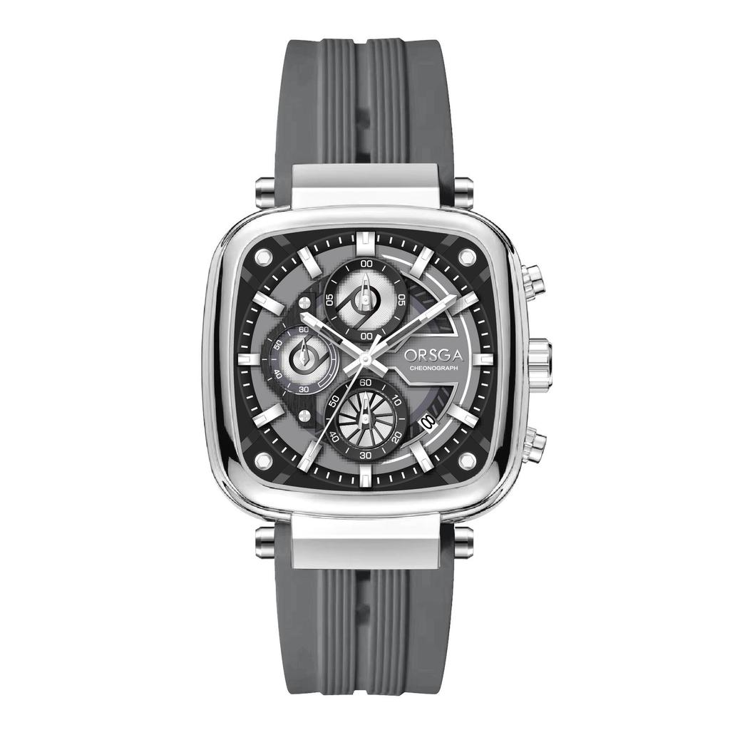Mens Square Chronograph Watches Waterproof Luminous Quartz Wrist Watch with Silicone Strap