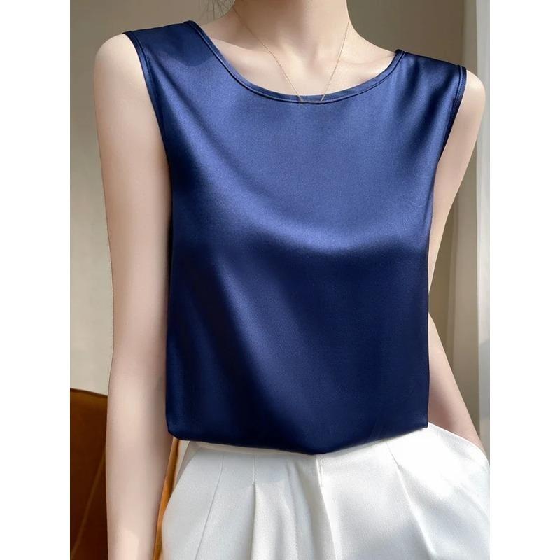 Summer Silk Camis Women's T Shirts Sleeveless Vest Satin Tank Tops Office Elegant Fashion O Neck Champagne BlouseTop Women
