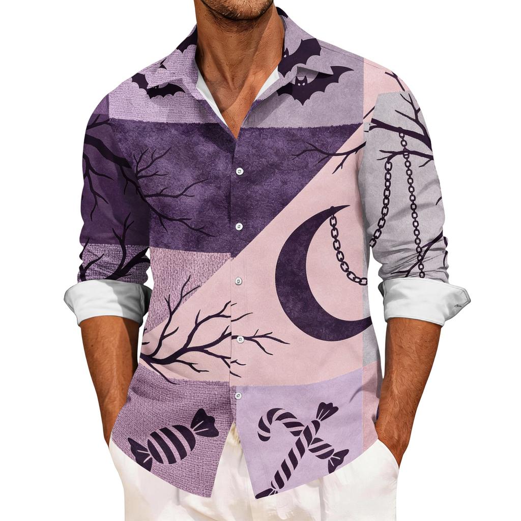 Men's Casual Long Sleeve Button Down Shirt Halloween Print Patchwork Design Lightweight Breathable Fabric Relaxed Fit