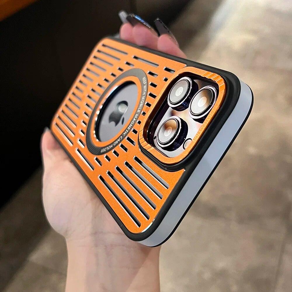 Luxury Metal Armor Case for Magsafe Case for IPhone 15 14 13 12 Pro Max Wireless Charge Magnetic Heat Dissipation Cooling  Hole Shockproof Cover