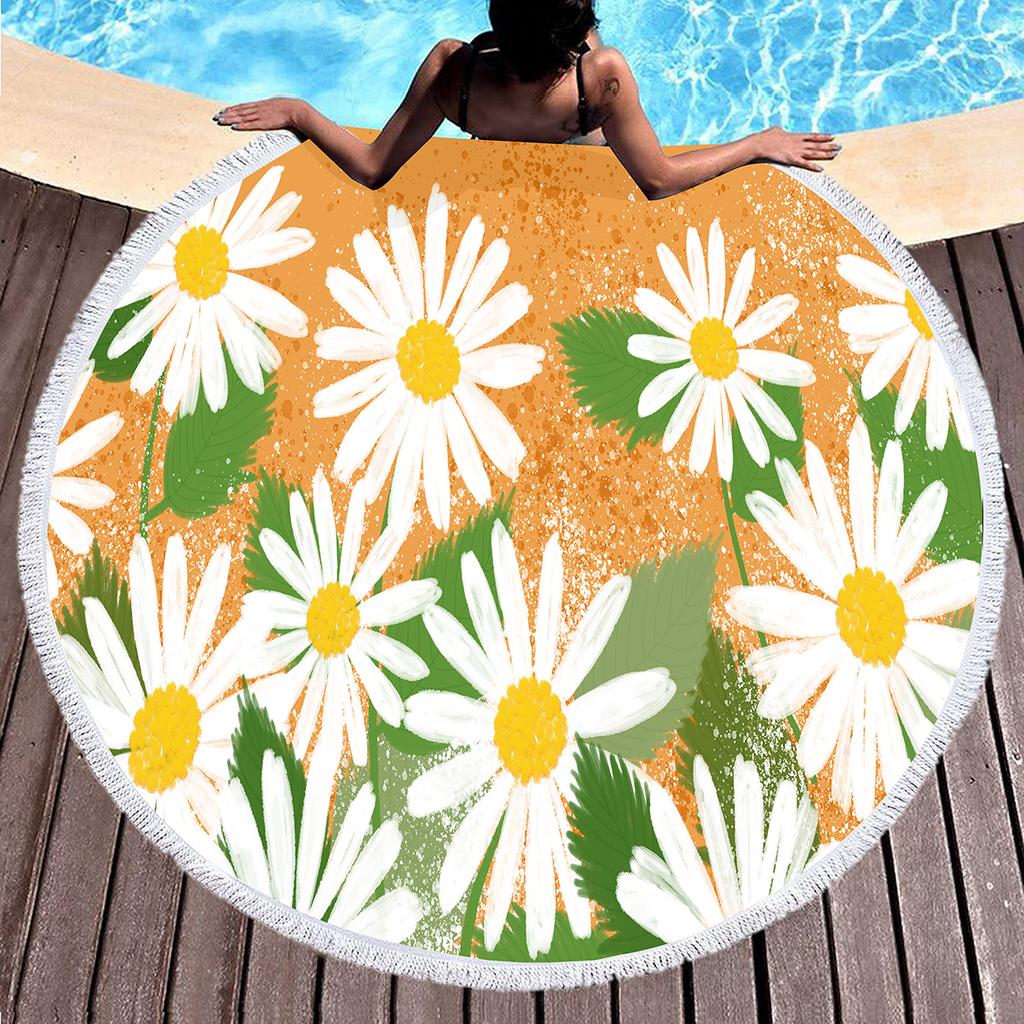 Botanical Daisy Floral Round Beach Towel,Microfiber Garden Flower Circle Beach Blanket,Roundie Yoga Meditation Mat Picnic Rug