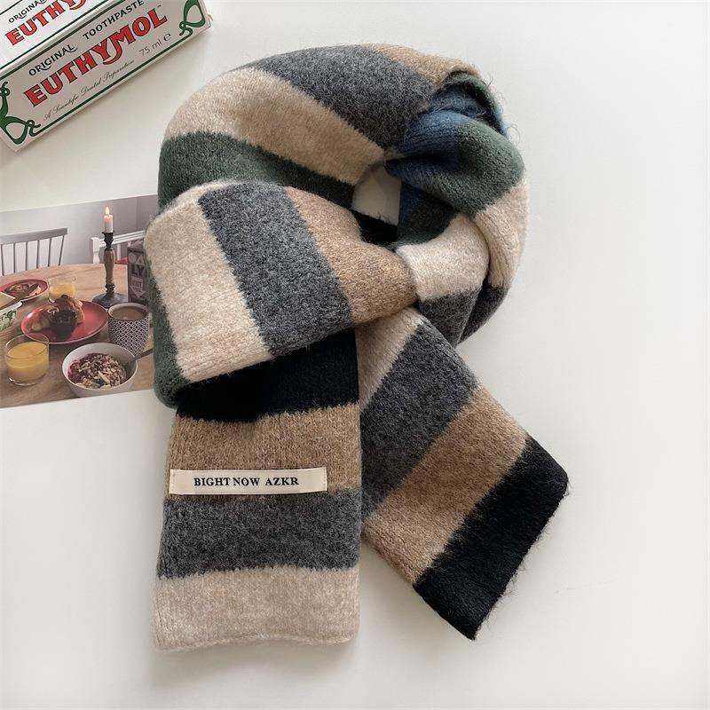 Collection of Warm and Cute Contrasting Color Rainbow Knitted Scarves for Autumn and Winter
